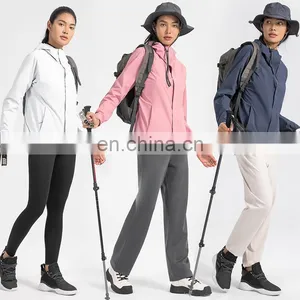 Wholesale Women Zipper Sports Hooded Softshell Jackets Winter Outdoor Waterproof Coat Custom Wind Breaker Hiking Blank Jacket thumbnail-1