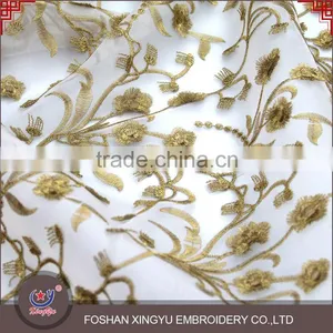 East Fashion Organza Water Soluble Lace Embroidery Fabric on Chiffon With Gold Thread for Dress thumbnail-3
