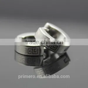 Classic 316L Stainless Steel Small Huggie Hoop Men Great Wall Pattern Silver Black Earrings thumbnail-2