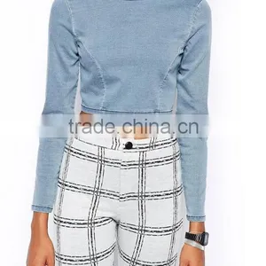 2014 European New Arrivals Sexy Denim Tops Fashion Style Short Tops With Long Sleeves thumbnail-1
