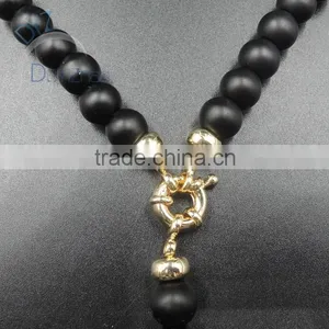 8mm Black Stone Beads Rosary Necklace With 16mm Tiger Eye Bead thumbnail-4