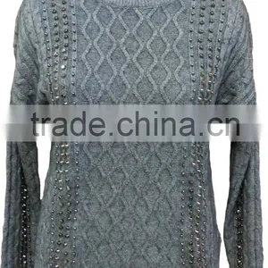 Soft Hand Feeling,polyester and Viscoes,allover Cable With Beading,ladies' Pullover thumbnail-1