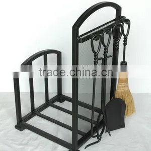 5 Piece Matte Black Hearth Center, Log Rack With Fireplace Tools thumbnail-1