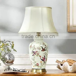 Metal Base In Antique Brass Printing Birds Ceramic Body With Fabric Lampshade Vintage Style Decorative Table Lamp thumbnail-1
