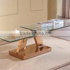 Glass Adjustable Coffee Table With Rose Golden Stainless Steel thumbnail-1