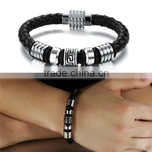 Mens Genuine Leather Bracelet With Magnetic Clasp Stainless Steel Beads thumbnail-4