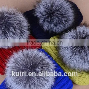 Hot Selling Beanie Hat With Snap and Big Size Silver Fox Fur Ball on Top thumbnail-4