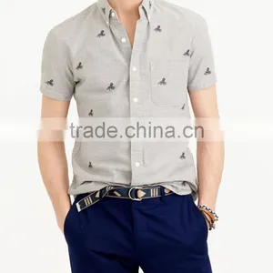 2015 New Arrival Short-sleeve Chambray Shirt With Embroidered Octopi Button-down Collar With Pocket thumbnail-1