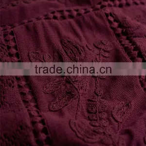 2017 Hot Selling Guangzhou Shandao New Style Women Autumn Casual Wine Red 3/4 Sleeve Round Neck Embroidered Rayon Tops thumbnail-5