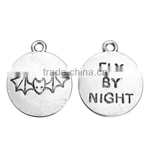 Zinc Based Alloy Halloween Charms Bat Animal Antique Silver Message " Fly By Night " Carved 23mm x 20mm thumbnail-1