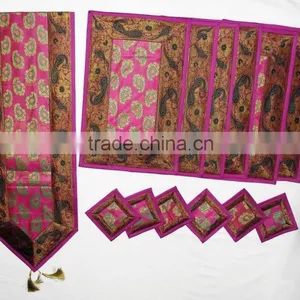 Indian Silk Table Runner With 6 Place Mats & 6 Coaster in Purple Color Size 16*62 thumbnail-1