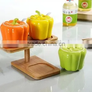 NEW Decorative Fruit and Vegetable Shaped Ceramic Spice Jar With Wooden Shelf thumbnail-2