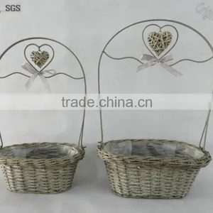 Decorative Wicker Heart Oblong Basket With KD Metal Handle and Ribbon Bow thumbnail-3