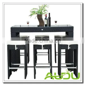High Back Bar Stool Set Outdoor Rattan Bar Stool Set in Black thumbnail-1