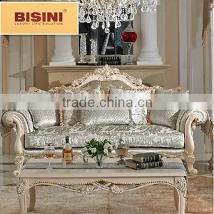 Bisini European Elegant Handcarved Wooden Fabric Sofa For Villa thumbnail-1