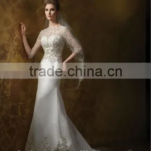 Sexy Satin Lace Baeded Long Sleeve Open Back Wedding Dress thumbnail-1