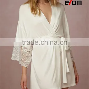 Customize Ladies Luxury Cotton Knee Length Robe, Sexy Lace Trim Long Sleeve Kimono Robe 2017018 thumbnail-1