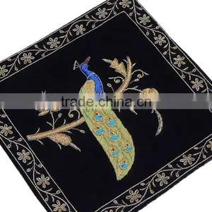 Black Decorative Peacock Pillowcase Dabka Handmade Couch Velvet Ethnic Cushion thumbnail-2