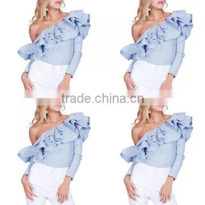 2017 New Arrival Fashion Design Women Stripe off the Shoulder High Low Long Sleeve Blouse thumbnail-1