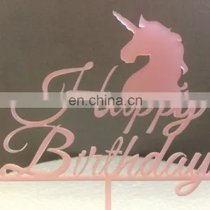 Pink Happy Birthday Unicorns Acrylic Cake Topper Birthday Party Cake Decor thumbnail-1
