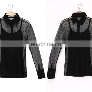 Factory Price Cheap Embellished Blouse, Black Mesh Blouse , Sexy See-through Blouse For Ladies thumbnail-4