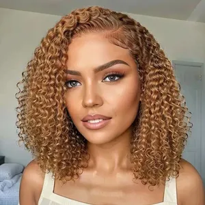 14inch Light Brown 5x5 Glueless Lace Closure Wig Deep Wave Colored Pre Plucked Bob Human Hair Lace Front Wig For Women thumbnail-1