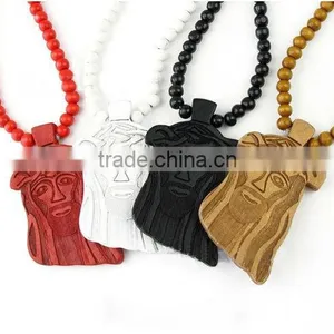 Jesus Face 30-34'' Long Assorted Color Wood Necklace With Engraved thumbnail-1