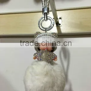 Hot Selling Rabbit Fur Accessories Monchhichi Leather Keychain Fur Pompoms thumbnail-1