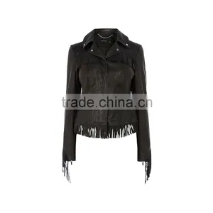Lady's Genuine Sheepskin Leather Fringe Jacket, Black thumbnail-1
