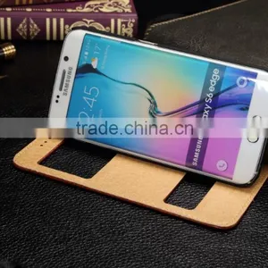 Genuine Leather Cover Window Display Stand Phone Flip Case For Samsung Galaxy S6 Edge thumbnail-4