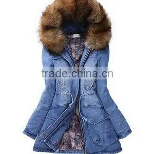 Top Design Women's Fur Hooded Denim Jacket Jeans Coat thumbnail-1
