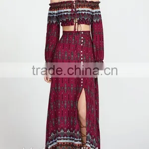 Picture of Long Skirts and Tops Vintage Print Drawstring Top With Split Skirt thumbnail-6