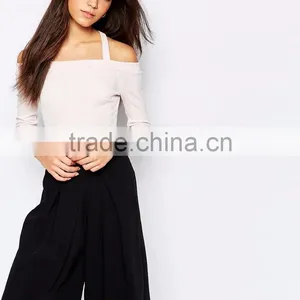 2016 Autumn Long Sleeve Sexy Women Bodysuit Plain White Halter Neck Off Shoulder Leotard In Rib Your Own Brand thumbnail-2