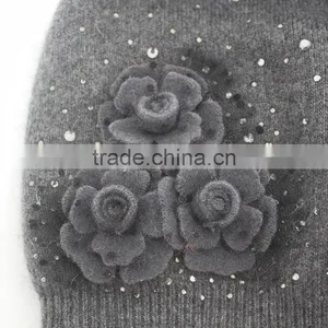 Myfur Elegant Women Flower Cashmere Wool Knit Beanie With Soft Fox Fur Pom Pom thumbnail-3