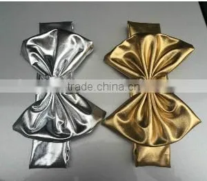 2017 Cute Large Bow Hair Accessory Knitted Baby Headband Gold and Silver Metal Material Messy Bow Headband Sweet Girls Headband thumbnail-1