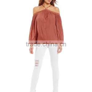 2017 Summer New Look Pullover Construction Sleeve Opening Cold Shoulder Blouse thumbnail-2