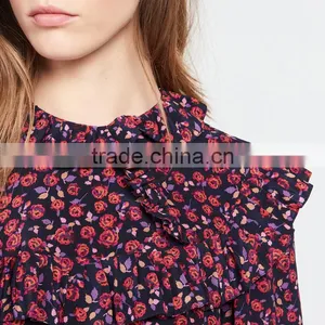 Ruffled at Neck and Cuff, Ladies Round Neck and Long Sleeve Dress thumbnail-5