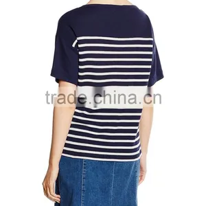 2017 Guangzhou Wholesaler 180g 95% Cotton 5% Polyester Summer Stripe Short Sleeve Waffle T Shirt Woman thumbnail-3