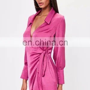 2017.ladies Casual Pink Satin Tie Side Collared Shift Dress Design thumbnail-5