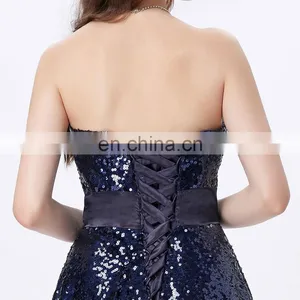 Grace Karin New Strapless Sweetheart Navy Blue Short Front Long Back Prom Dress With Shining Sequins CL6240 thumbnail-5