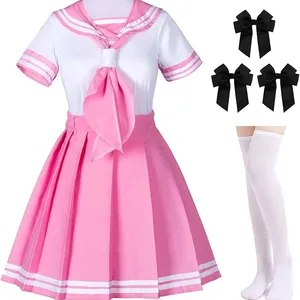 Classic Japanese Anime School Girls Pink Sailor Dress Shirts Uniform Cosplay Costumes With Socks Hairpin Set thumbnail-1