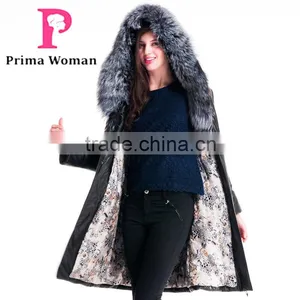 Winter Women Long Leather Slim Fit Coat With Brown Fox Hat Overcoat thumbnail-4