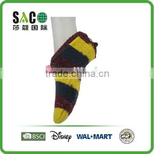 Yellow Brown Navy Contrast Color Stripe Acrylic Floor Footie With Pink Pom Pom thumbnail-2