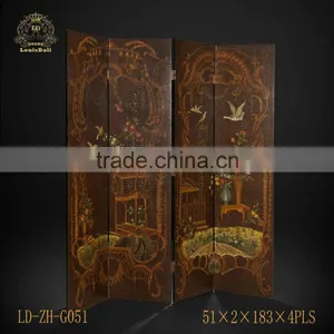 Retro Art Painting Bookcase Design Wooden Floor Screen, Creative Furniture Decorative Four Panel Folding Screen thumbnail-5