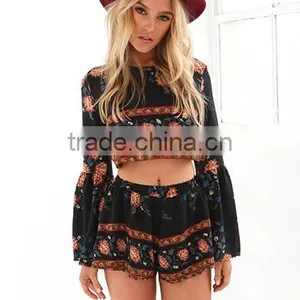Sexy Scoop Blouses and Short Pants 2016 Women Fashion Flower Printing Two Piece Sets thumbnail-6
