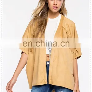 OEM High Quality Oversized Half Sleeves Fringe Faux Suede Jacket thumbnail-2