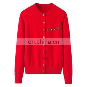 Custom 100% Cashmere Women's Button Knitted Cardigan New Casual Logo Design Crew Neck Single Breasted Closure Animal Winter thumbnail-1