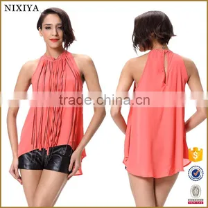 Wholesal Factory Collar Tassel Front Ruffle Back Keyhole Tops thumbnail-1