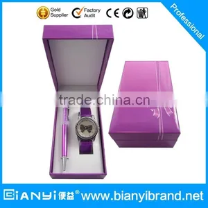 2016 New Promotional Japan Movt Watches for Woman Name Brand Good Quality Watch With Purple Color Pen in Box thumbnail-1