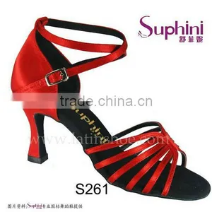 Suphini Ladies Red Satin Black Leather Sole Dance Latin Shoes Wholesale thumbnail-1